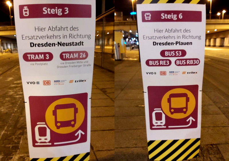 EV. Linie 3 und 26 verkehren ab HBF zum Bahnhof Neustadt, Bus Richtung Plauen Für S 1, RB 33 und RE 3 verkehrt ebenfalls ab HBF unter den Brücken ab H  Linie 66
