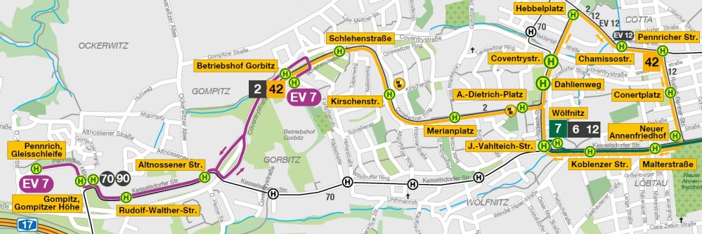 Bauarbeiten Gorbitz Fahrtweg Linie 42 für Bauphase III    © DVB AG