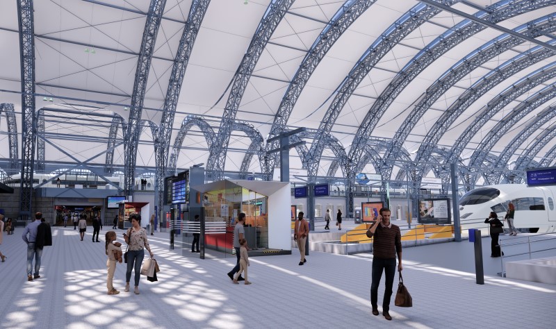 Hallendach des Dresdner Hauptbahnhofs ist ausgeschrieben © Visualisierung Deutsche Bahn AG