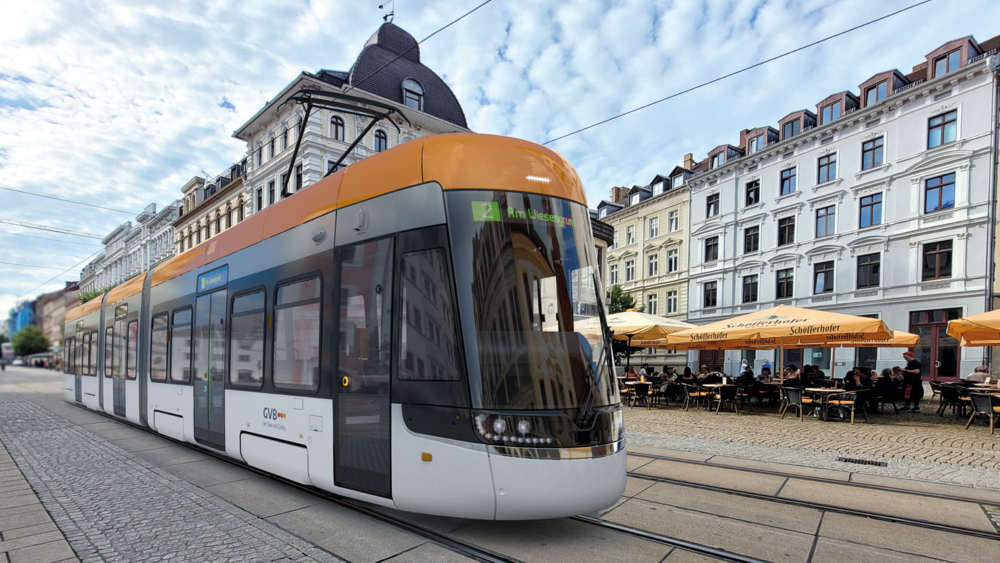 Visualisierung zeigt, wie die neuen Bahnen im Görlitzer Stadtbild einmal aussehen werden, wie hier auf der Berliner Straße ©Görlitzer Verkehrsbetriebe GmbH (GVB)