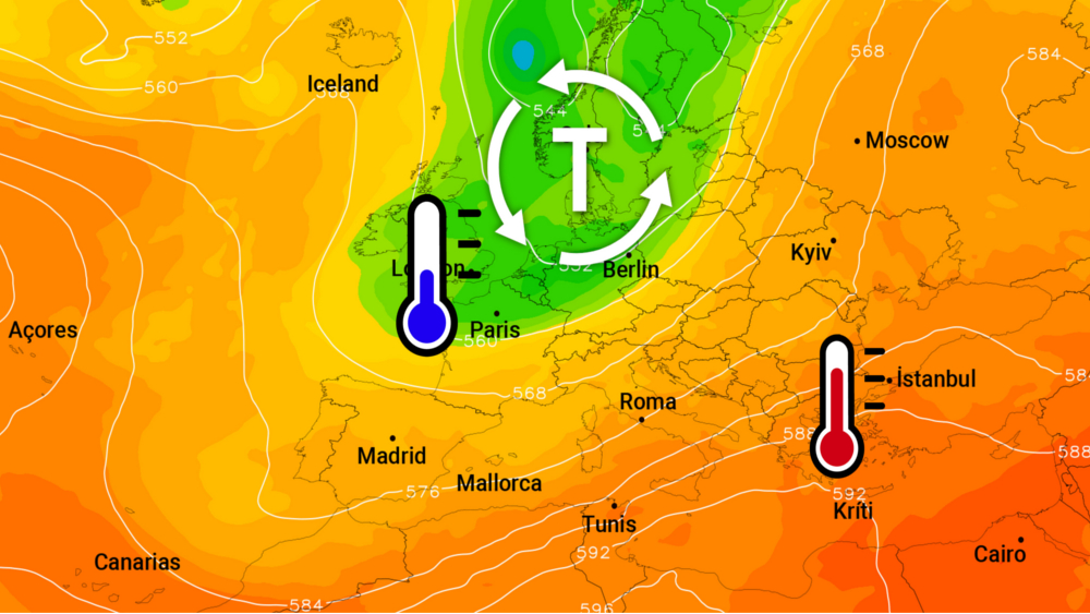 Die Wetterlage ist eingefahren: Ein Tief führt immer wieder kalte Luft nach Deutschland. Heißes Sommerwetter ist derzeit nur in Südosteuropa zu finden. © WetterOnline