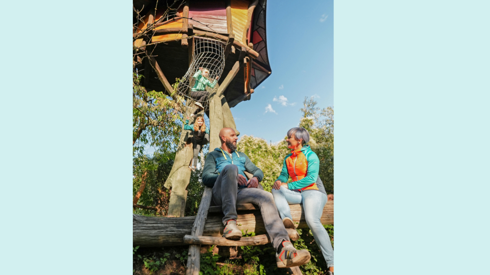 Auf der Kulturinsel Einsiedel wohnt man in Baumhäusern. Eine normale Treppe braucht man zum Aufstieg nicht unbedingt. Foto: DJD/Oberlausitz-Niederschlesien/mushroom productions