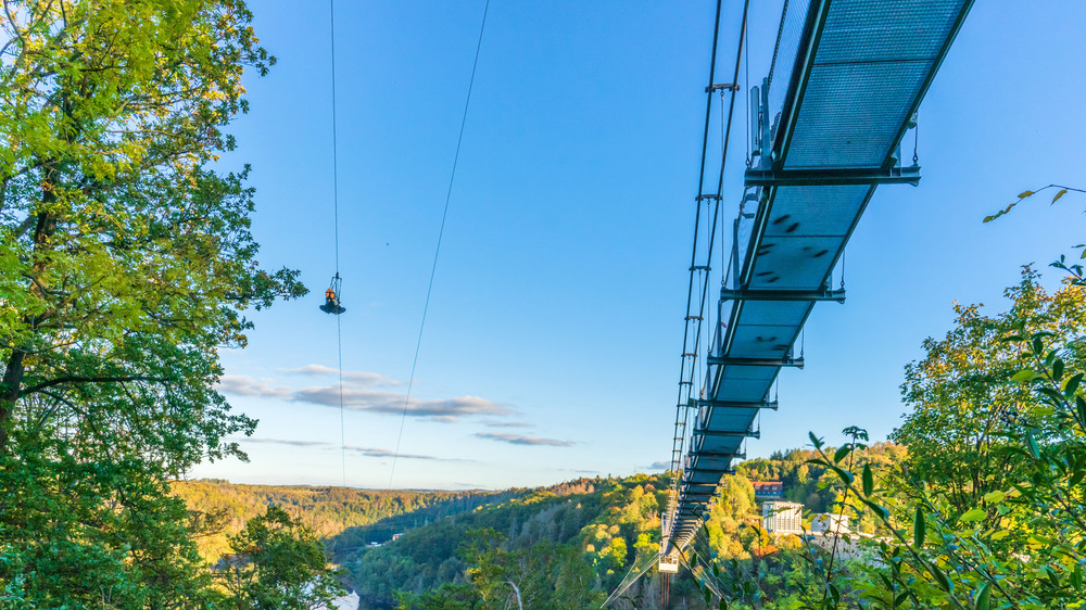 Die Hängebrücke Titan RT überspannt das Rappbodetal, noch höher fliegen Wagemutige an der Megazipline. Foto: DJD/Tourismusbetrieb Oberharz am Brocken/Jan Reichel