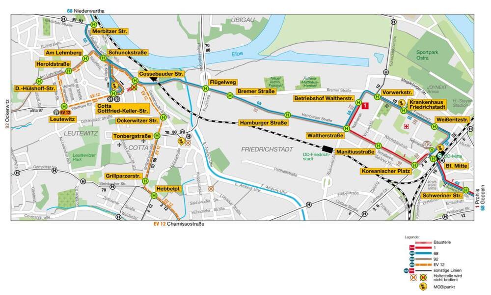 Fahrtwege Bau Warthaer Strasse. Grafik: DVB AG